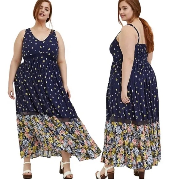 torrid Dresses & Skirts - Torrid 2X Maxi Challis Button-Front Dress Navy Blue and Yellow Print Floral